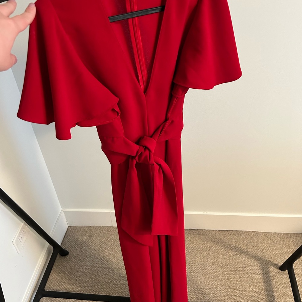 Zara Red Jumpsuit with Flutter Sleeve and Waist Tie